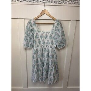 mare Women's Floral Smocked Puff Sleeve Square Neck Zip Short Dress M White